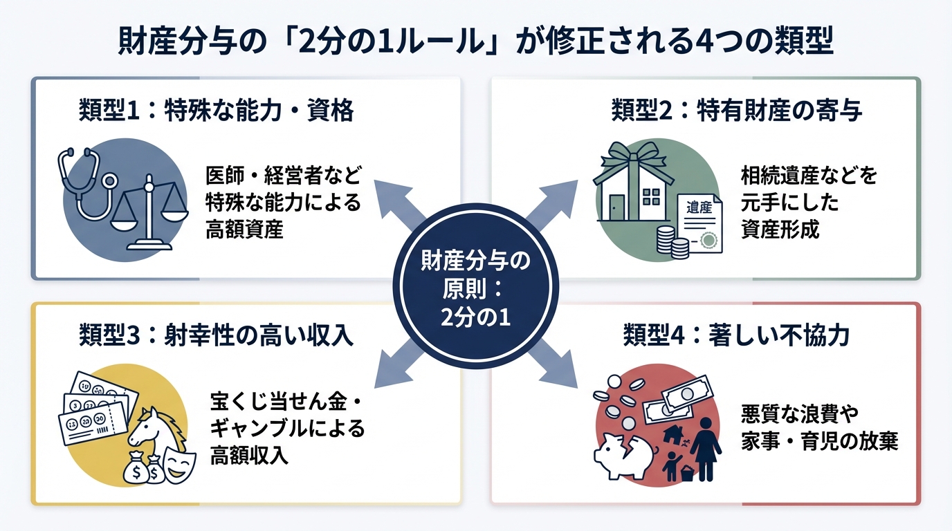 財産分与の2分の1ルールが修正される4つの類型を示した図解。特殊な能力、特有財産の寄与、射幸性の高い収入、著しい不協力のケースがアイコンと共に解説されている。