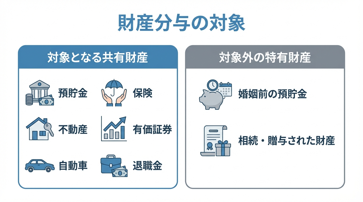 財産分与の対象となる共有財産(預貯金、不動産、自動車など)と、対象外となる特有財産(婚姻前の預貯金、相続財産など)を比較した図解。