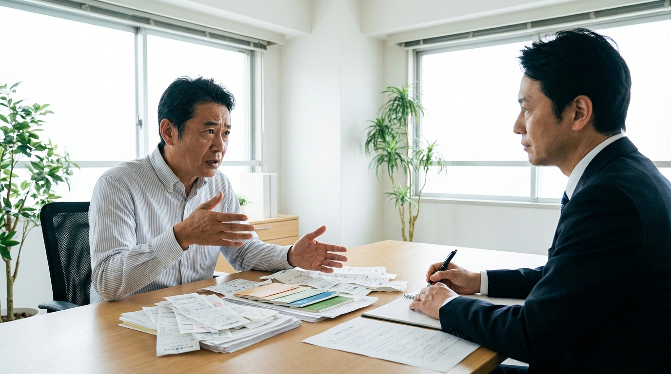 法律事務所で財産分与の証拠について相談する男性。弁護士が親身に話を聞いている。