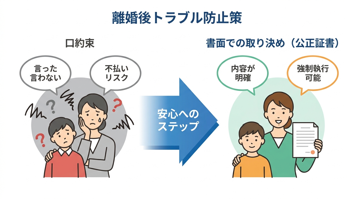 離婚後の養育費や面会交流に関する口約束のリスクと、公正証書による書面化のメリットを比較した図解。