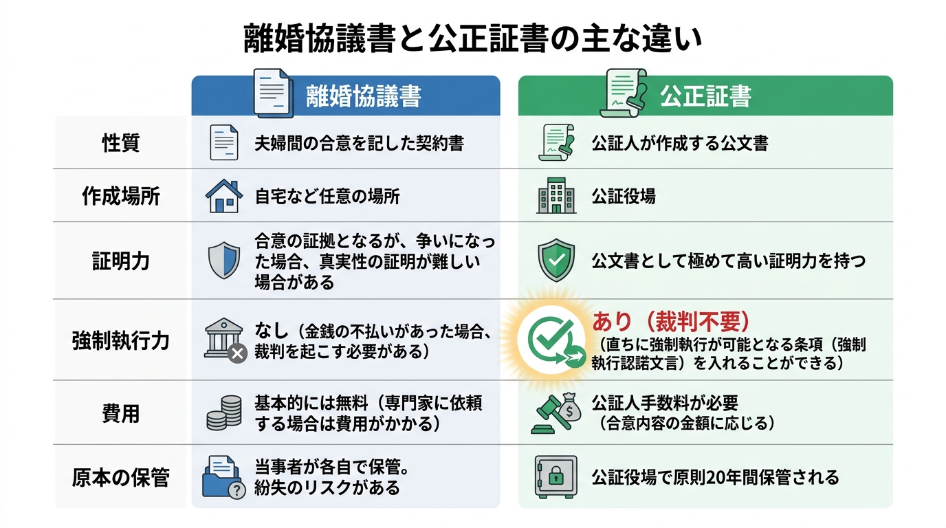 離婚協議書と公正証書の6つの違いを比較した図解。強制執行力の有無が最大の違いであることを示している。