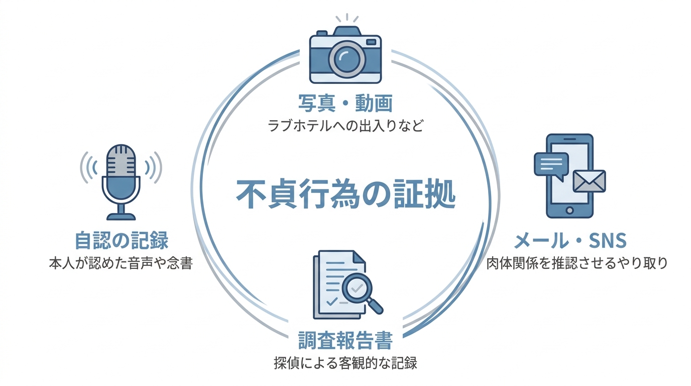 不貞行為を証明するための4つの主要な証拠(写真・動画、メール・SNS、調査報告書、自認の記録)をまとめたインフォグラフィック。