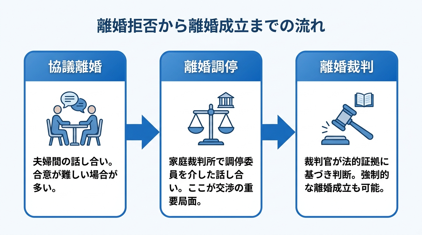 離婚拒否から成立までの3ステップ(協議・調停・裁判)を示したフローチャート。話し合いから法的手続きへ移行する流れが図解されている。