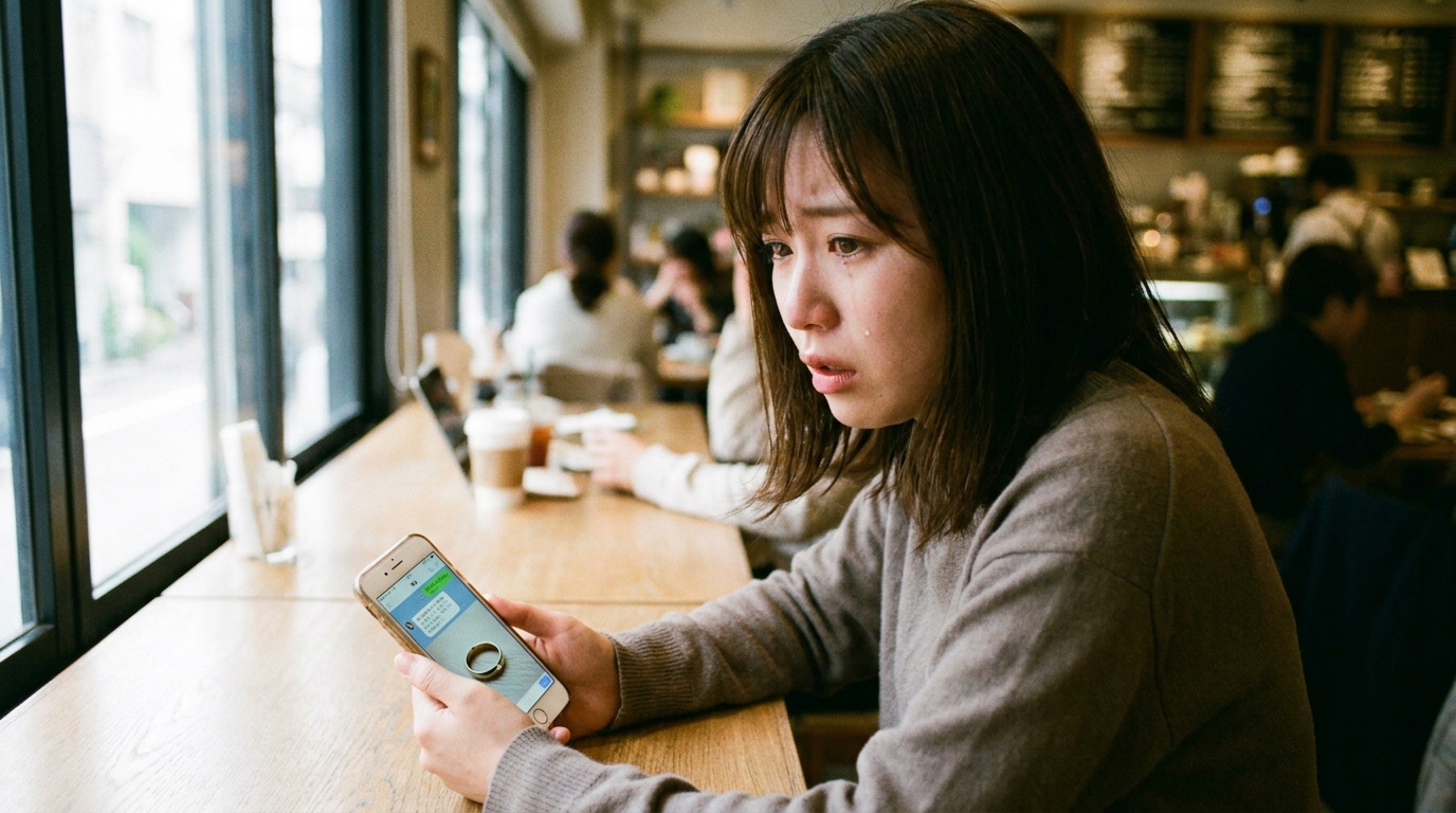 交際相手が既婚者だと知り、ショックを受けている女性のイメージ。