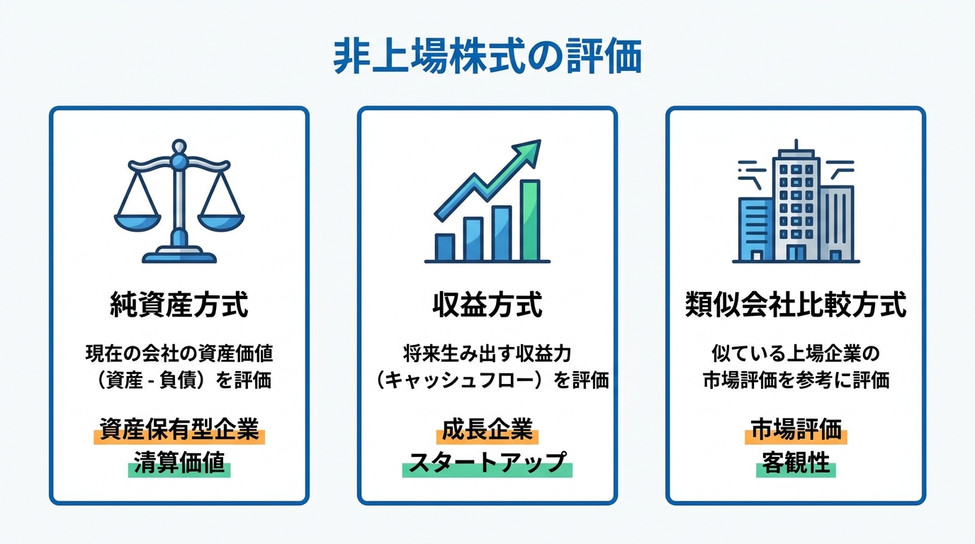 非上場株式の代表的な3つの評価アプローチ（純資産方式、収益方式、類似会社比較方式）の考え方と特徴を比較したインフォグラフィック。