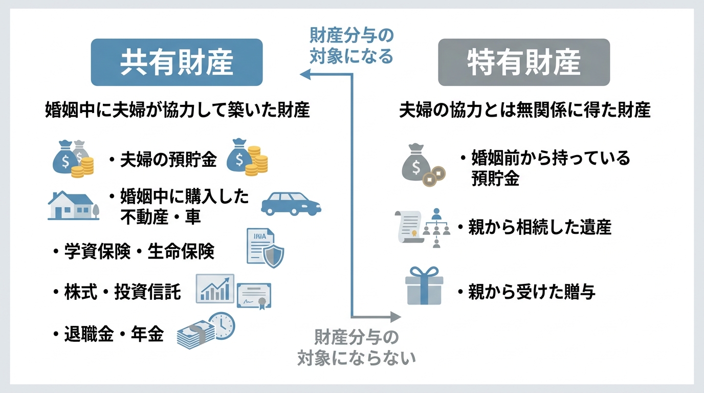 財産分与における共有財産と特有財産の違いを比較した図解。共有財産は婚姻中に協力して築いた財産で分与対象、特有財産は協力と無関係な財産で対象外であることが示されている。