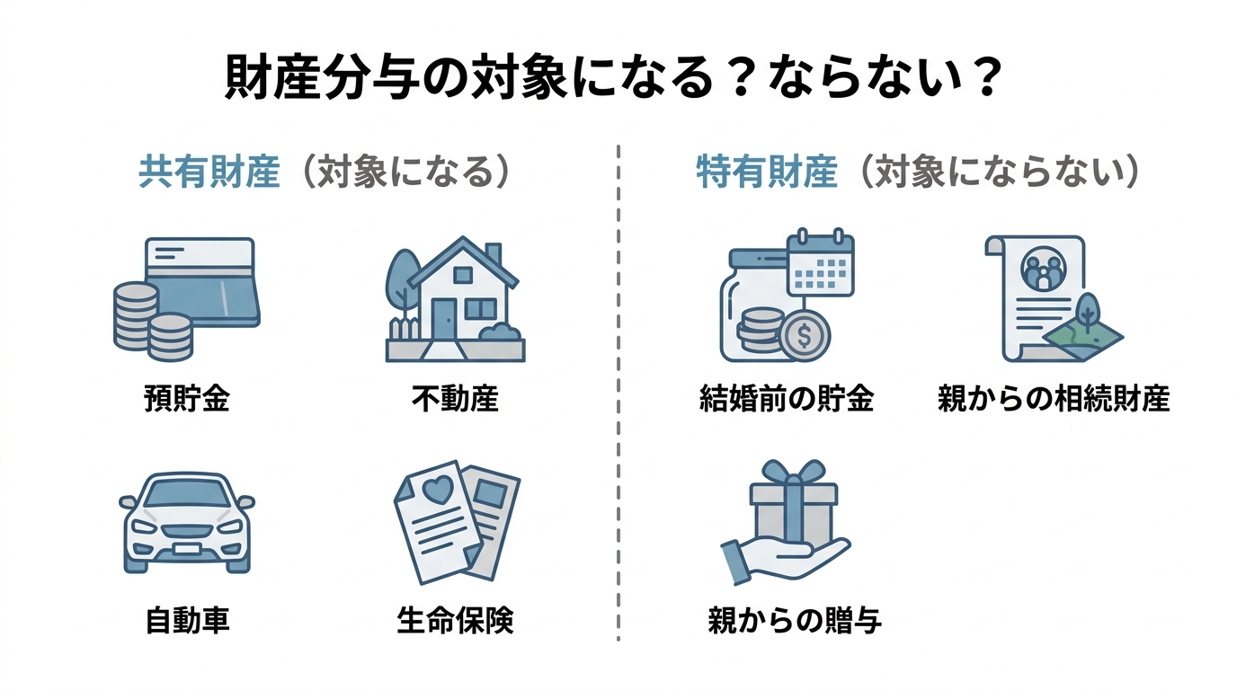 財産分与の対象となる共有財産(預貯金、不動産など)と、対象とならない特有財産(結婚前の貯金、相続財産など)の違いを比較した図解。