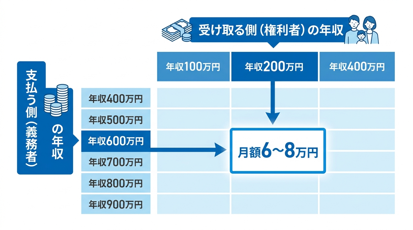 養育費算定表の見方を解説する図解。支払う側の年収600万円と受け取る側の年収200万円が交差する箇所が月額6~8万円の目安であることを示している。