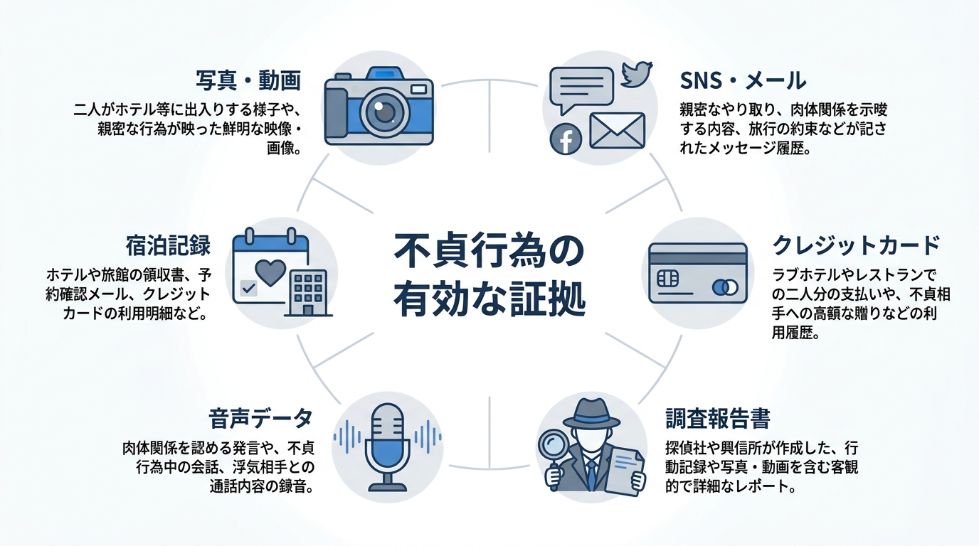 不倫慰謝料請求に有効な6つの証拠(写真、SNS、宿泊記録、クレジットカード明細、音声データ、探偵の報告書)をアイコンで示した図解。