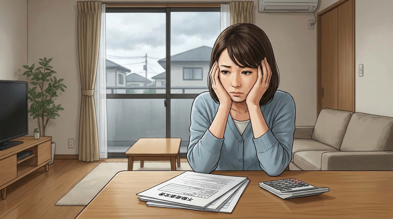 リビングで家の査定書を見ながら、住宅ローンの財産分与について深刻な表情で悩む女性。