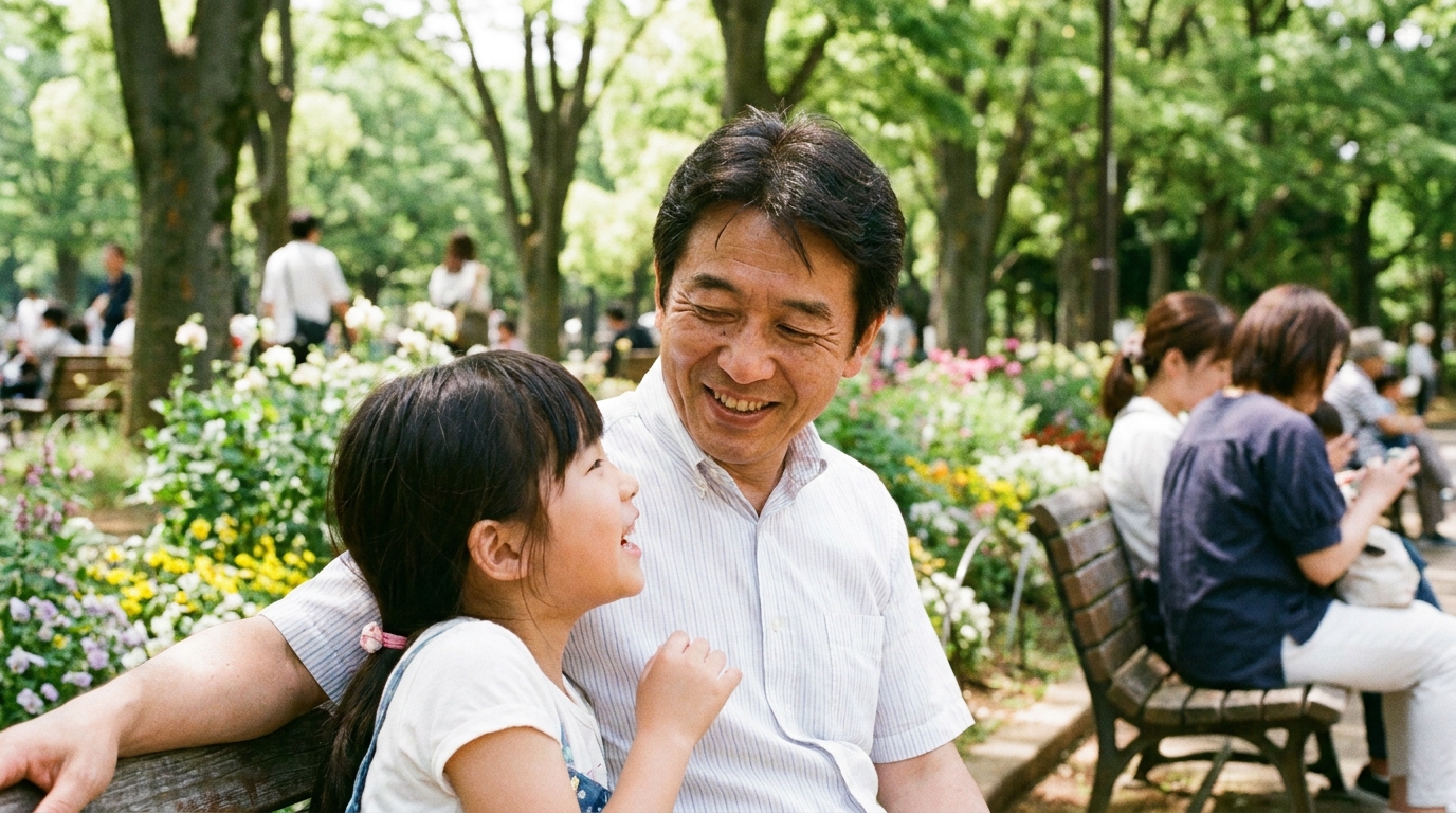 公園のベンチで楽しそうに話す父親と娘。円満な面会交流の様子を象徴しており、親権者変更で重視される養育実績の一例。