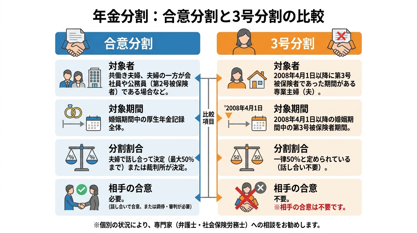 年金分割の「合意分割」と「3号分割」の違いを4つの項目で比較した図解。相手の合意の要否などがポイント。