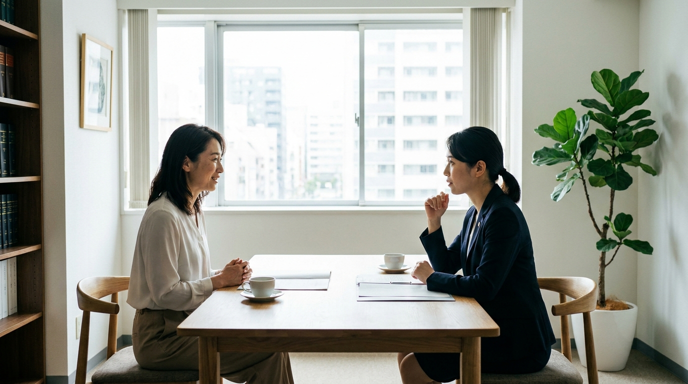 法律事務所で弁護士に相談し、安堵の表情を浮かべる女性。DVやモラハラの問題について専門家のアドバイスを受け、安心感を得ている様子。