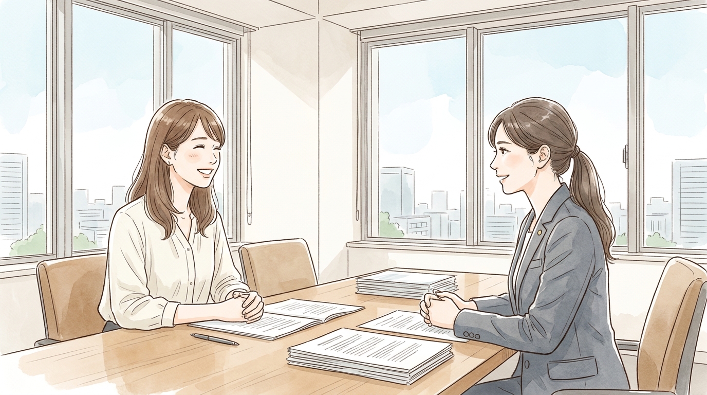 弁護士に相談し、安心した表情を浮かべる女性のイラスト。