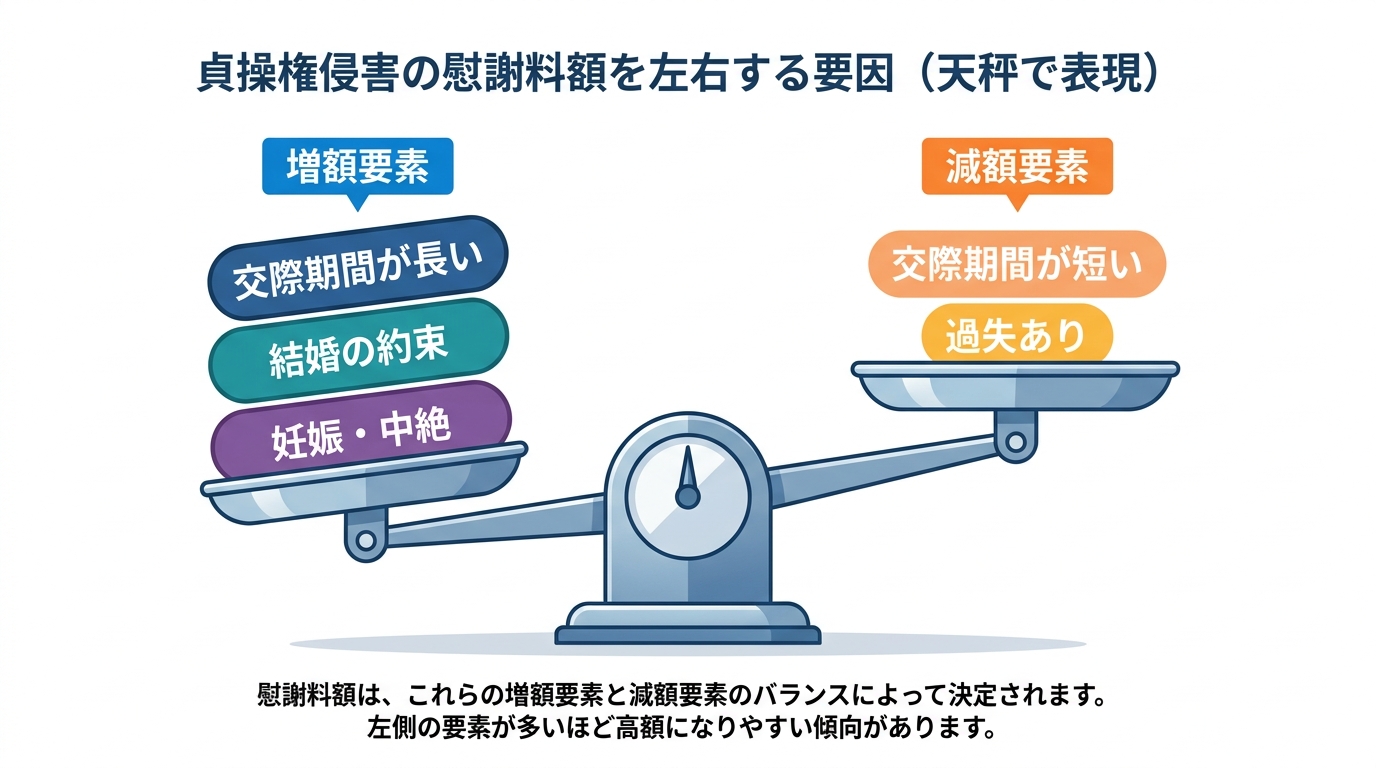 貞操権侵害の慰謝料額が増える要素と減る要素を天秤で比較した図解。