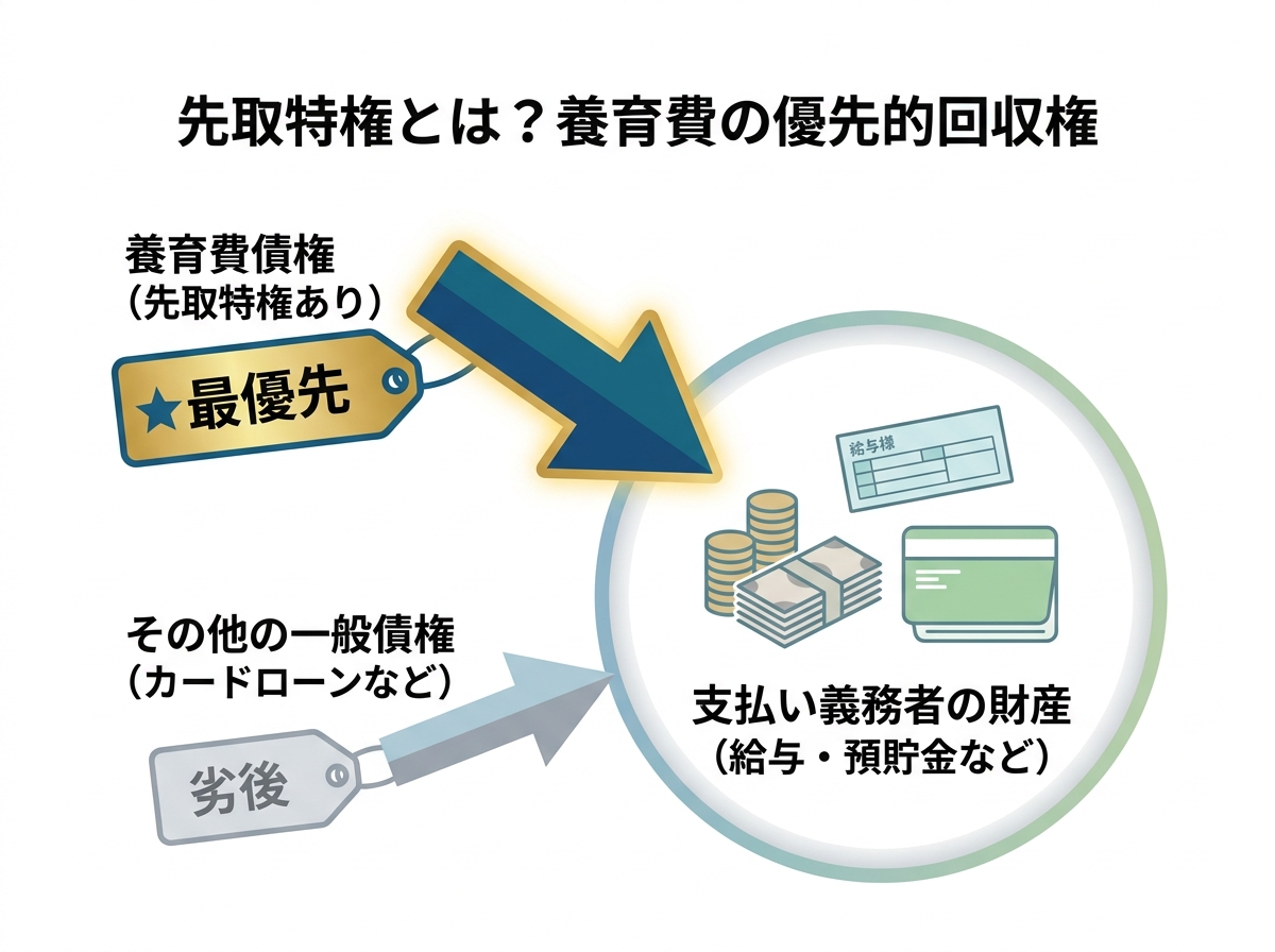 養育費の先取特権を解説する図解。支払い義務者の財産に対し、養育費債権が他の一般債権よりも優先して回収できる権利であることを示している。