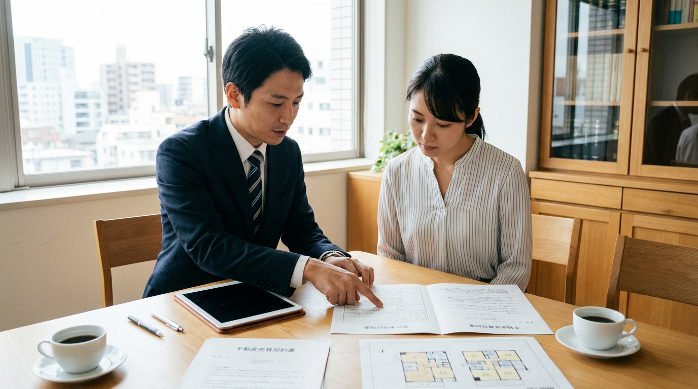 不動産の財産分与について弁護士に相談している様子。登記事項証明書を見ながら説明を受けている。