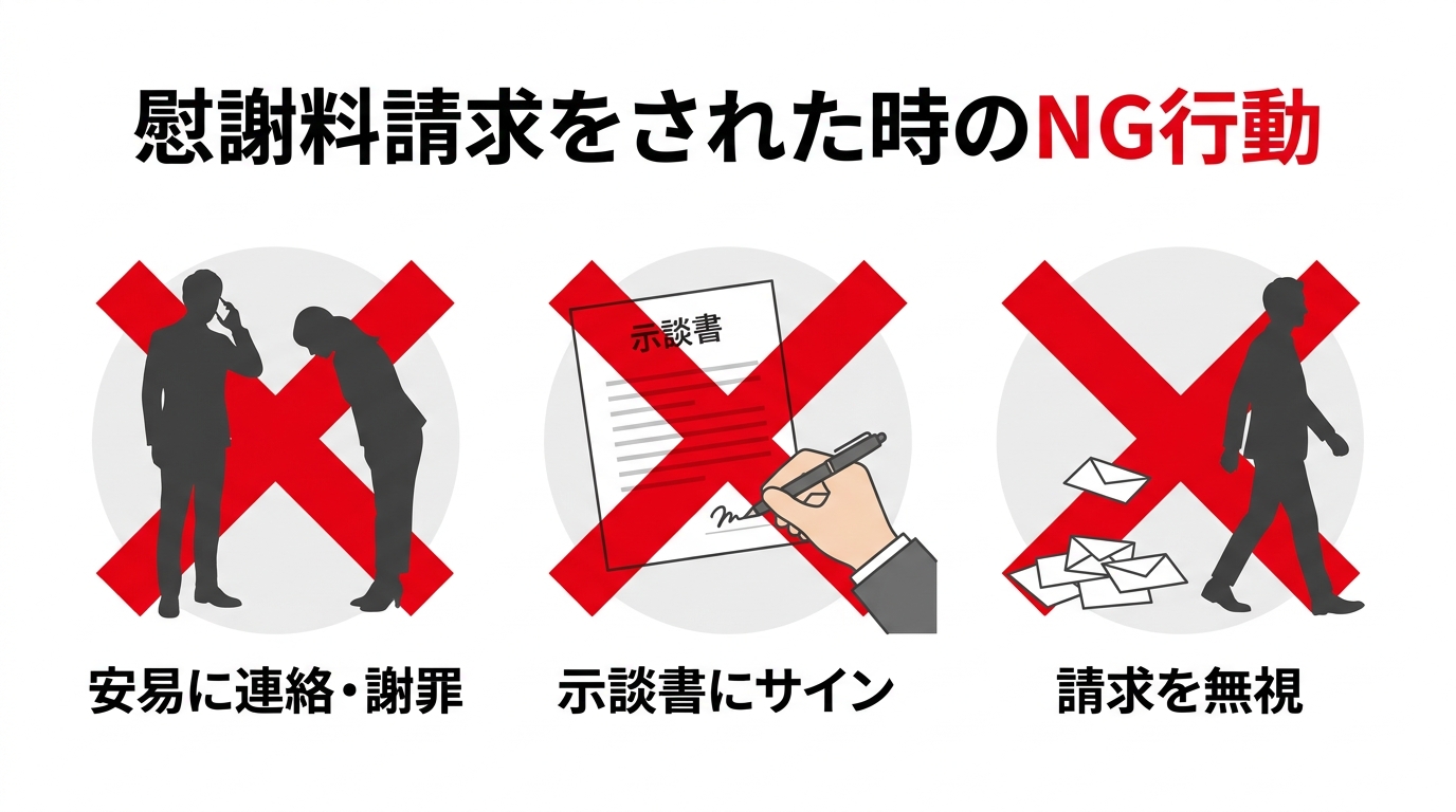 慰謝料請求をされた際の3つのNG行動を示した図解。「安易に連絡・謝罪」「示談書にサイン」「請求を無視」が禁止マークと共に描かれている。