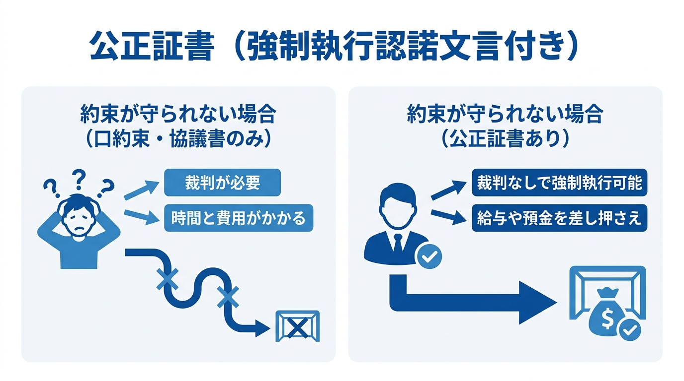 公正証書がある場合とない場合の比較図。公正証書があれば、約束が破られても裁判なしで強制執行(財産の差し押さえ)が可能になることを示している。