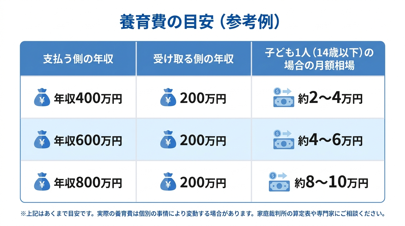 養育費の目安を示す表。支払う側の年収が400万円、600万円、800万円の場合の月額相場を、受け取る側の年収が200万円、子どもが1人のケースでそれぞれ示している。