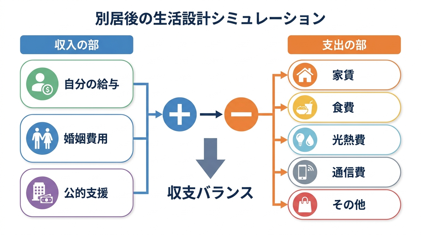 別居後の生活設計の図解。収入(自分の給与、婚姻費用、公的支援)と支出(家賃、食費、光熱費など)の項目を比較し、収支計画の重要性を示している。