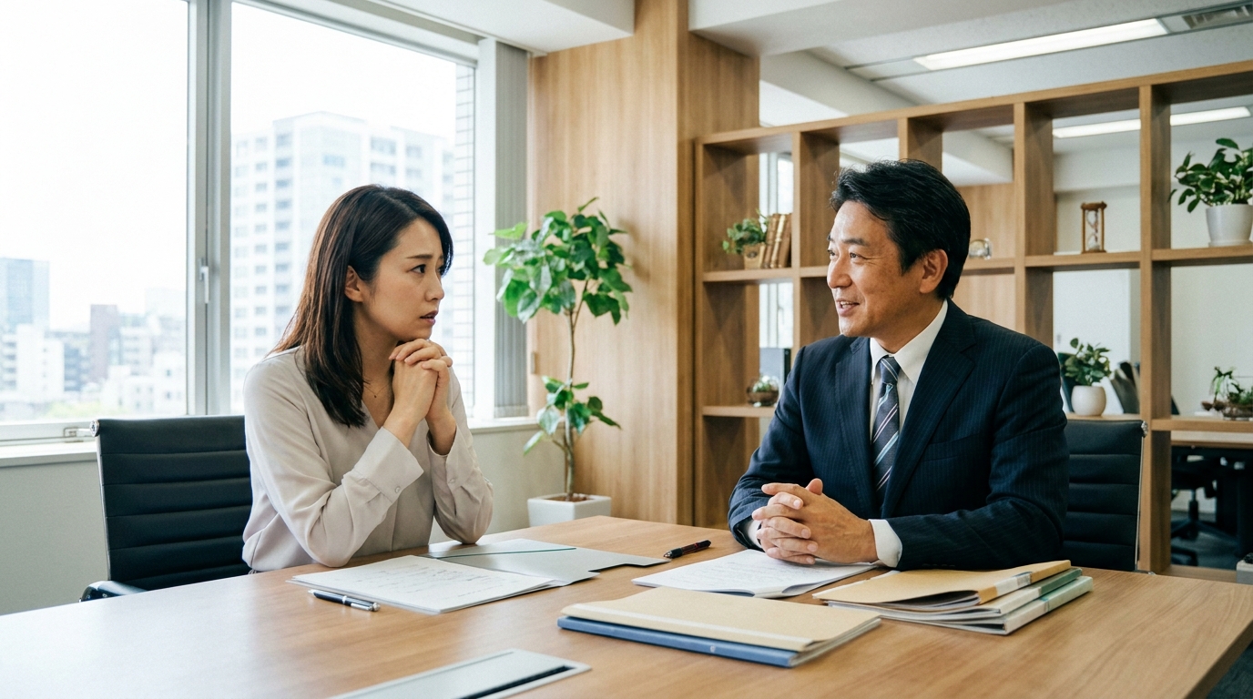 離婚後の養育費や面会交流の取り決めについて、弁護士に相談している女性の様子。