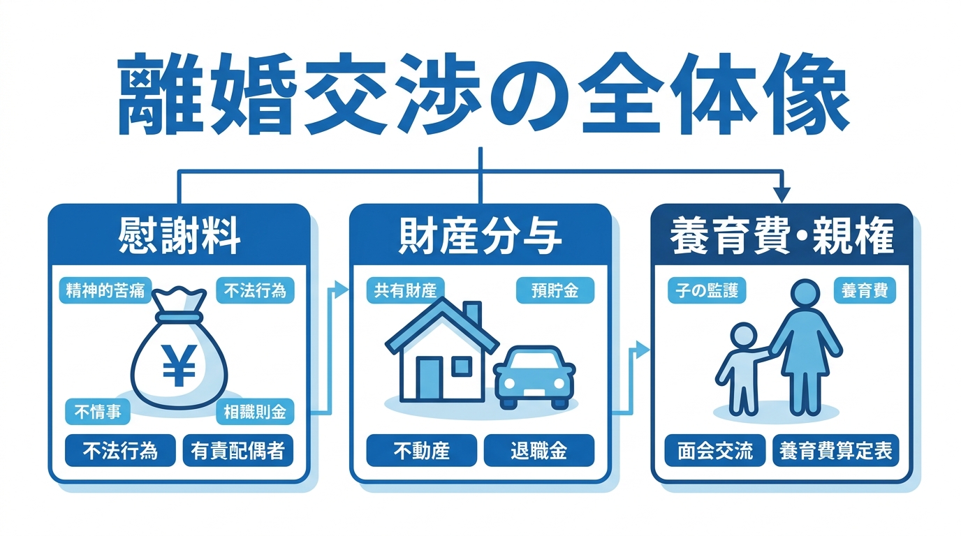 離婚交渉で慰謝料だけでなく財産分与や養育費も同時に検討することの重要性を示す図解。