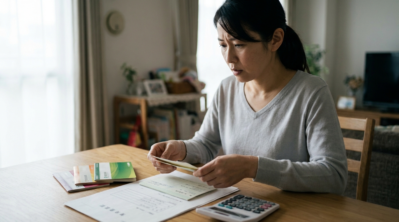 離婚の財産分与に備え、自宅で預金通帳や権利証などの証拠資料を真剣な表情で確認している女性。