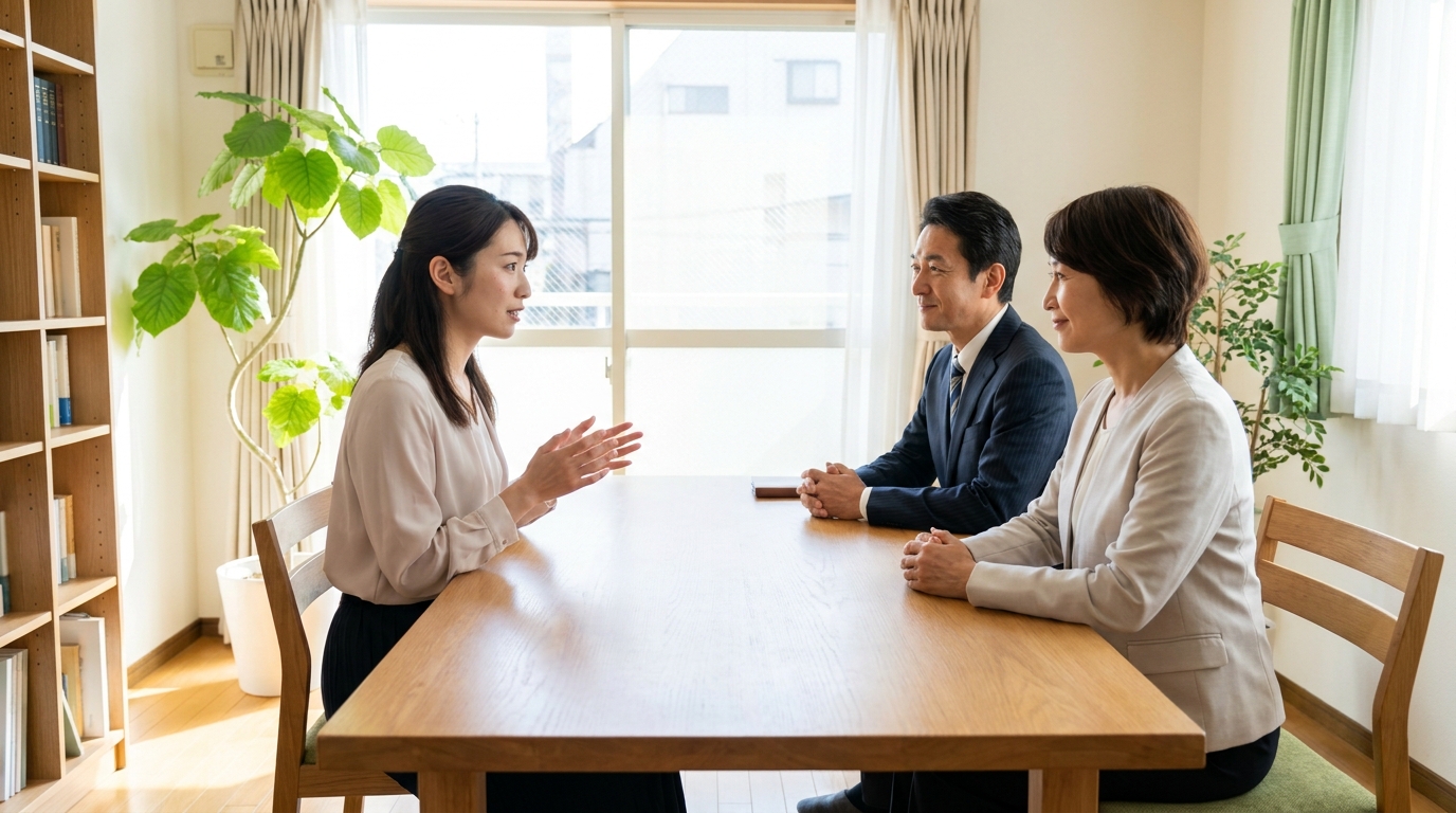 家庭裁判所の調停室で、調停委員に話をする女性の様子。