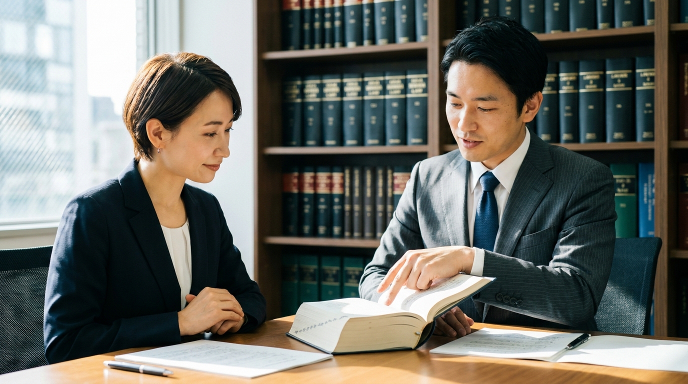 法律事務所で弁護士に相談する女性。弁護士からの説明に納得し、問題解決への道筋が見えた様子。