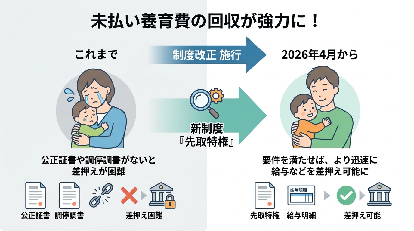 養育費の先取特権制度を解説する図解。新制度により、公正証書がなくても相手の財産を差し押さえやすくなることを示している。