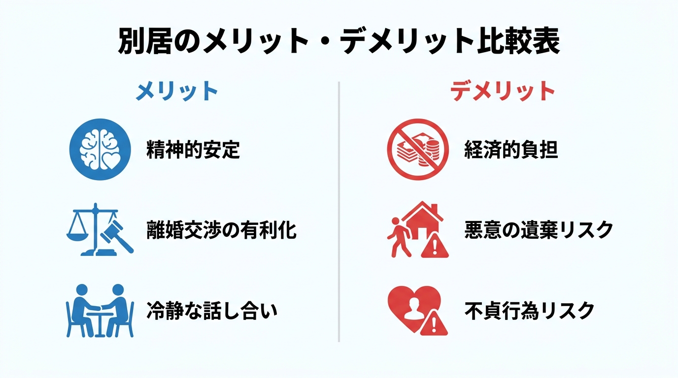 離婚前別居のメリットとデメリットを比較する図解。メリットには精神的安定や交渉の有利化、デメリットには経済的負担や法的リスクが挙げられている。