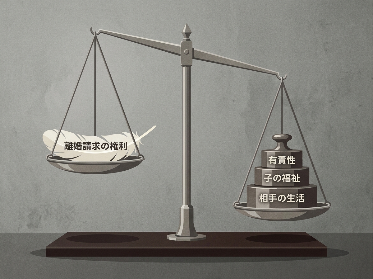有責配偶者からの離婚請求が、様々な重い要素によって認められにくいことを象徴する天秤のイラスト。