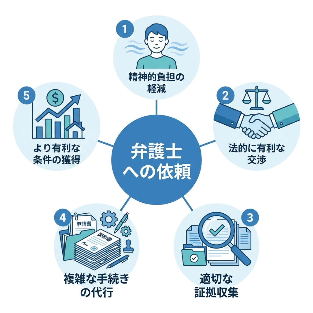 弁護士に離婚問題を依頼する5つのメリット(精神的負担の軽減、有利な交渉、証拠収集、手続き代行、有利な条件獲得)を図解したインフォグラフィック。
