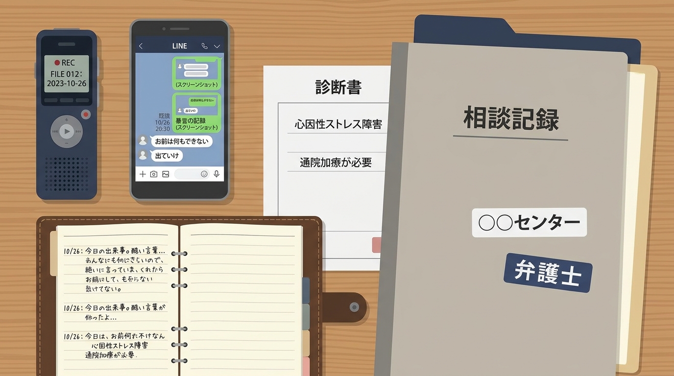 モラハラの証拠となる、録音用のICレコーダー、LINEのスクリーンショット、日記、診断書、相談記録のイラスト。単独親権を主張するための証拠収集の重要性を示している。