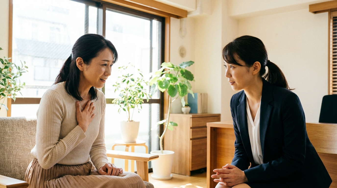 法律事務所で弁護士に相談し、安堵の表情を浮かべる女性。専門家に依頼するメリットを象徴する画像。