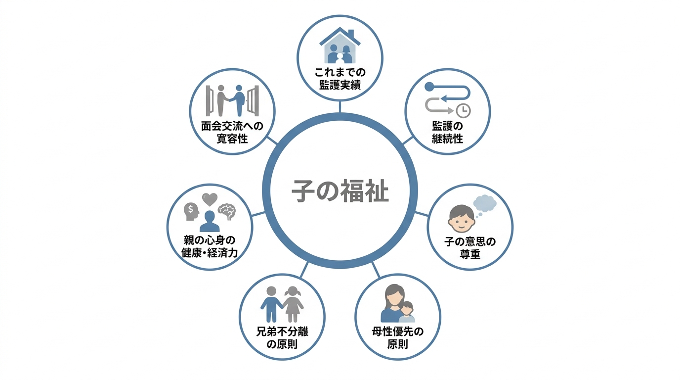 家庭裁判所が監護者指定で重視する7つの判断基準「子の福祉」を中心とした図解。監護実績、継続性、子の意思、母性優先、兄弟不分離などが含まれる。