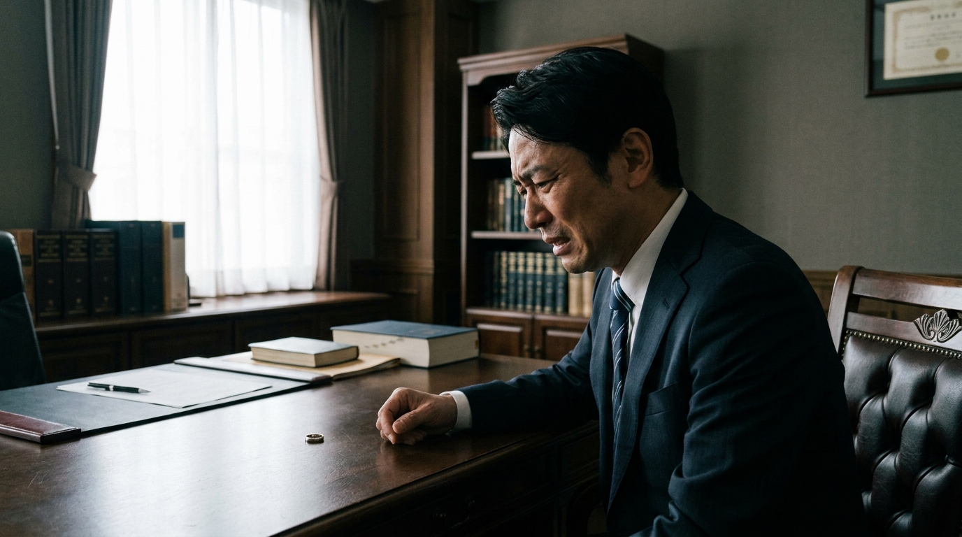 離婚問題で深く悩んでいる男性が法律事務所で相談している様子の写真。