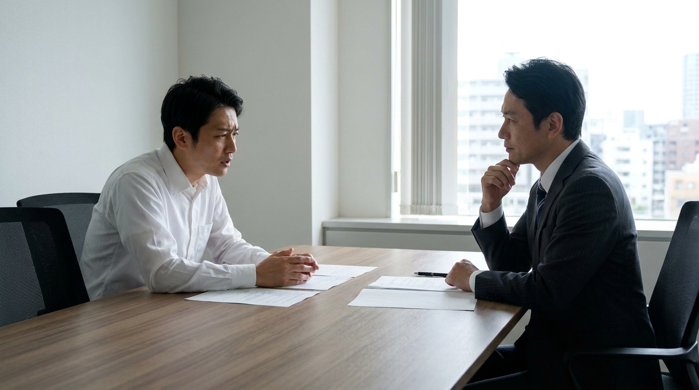 法律事務所で弁護士に子の引渡しについて相談する父親。真剣な表情で解決策を探している様子。