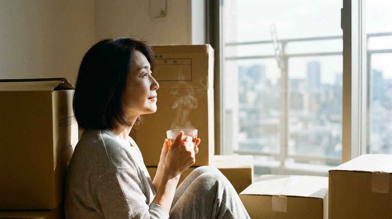 離婚を経て、新しい住まいで穏やかに未来を見つめる女性。経済的な安定と精神的な平穏を取り戻した様子。